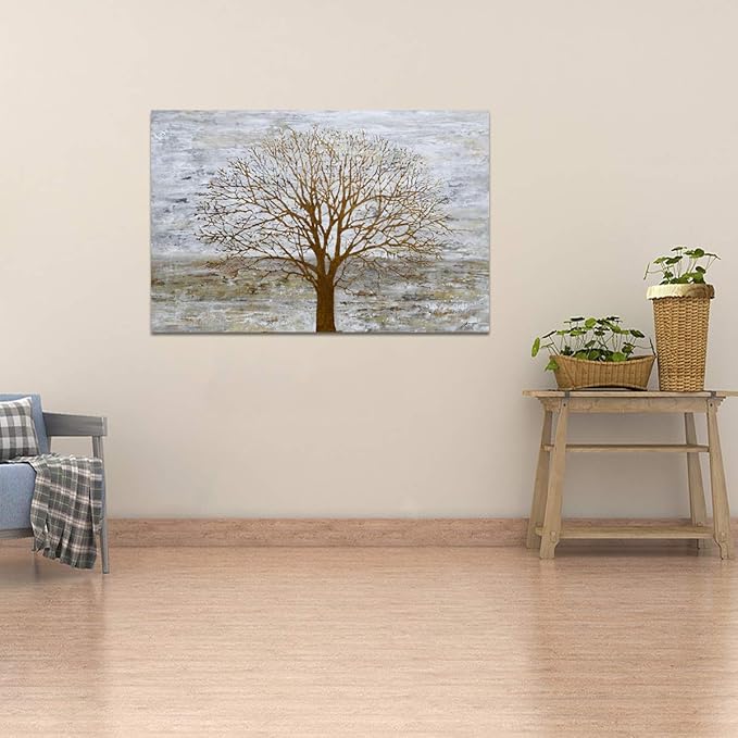 Yihui Arts Canvas Wall Art for Living Room, Gray Wall Decor Long Nature Tree Painting Large Abstract Canvas Artwork Contemporary Pictures Modern Landscape for Office Decoration