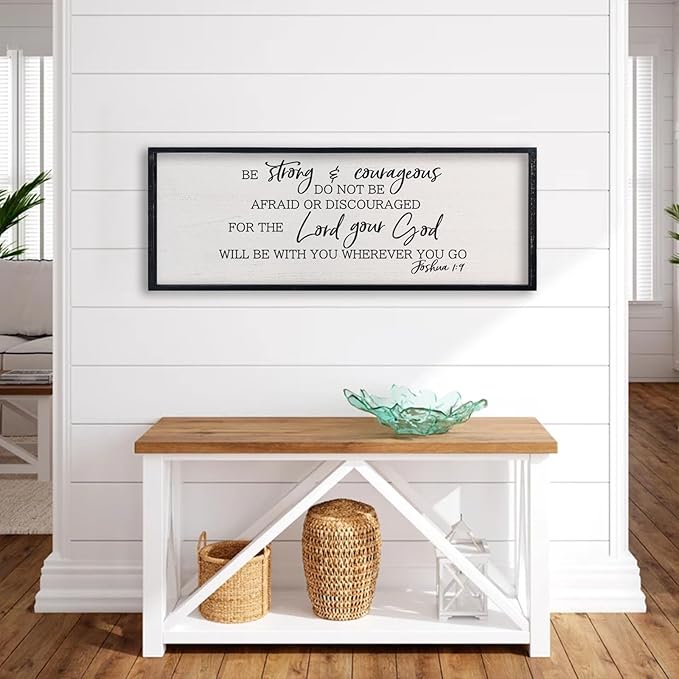 comurdyo Christian Motivational Be Strong And Courageous Sign Wall Decor 32"x12" Joshua 1:9 Bible Verse Religious Faith Rustic Home Simple Living Room Wood Plaque Art Wall Hanging (Black)