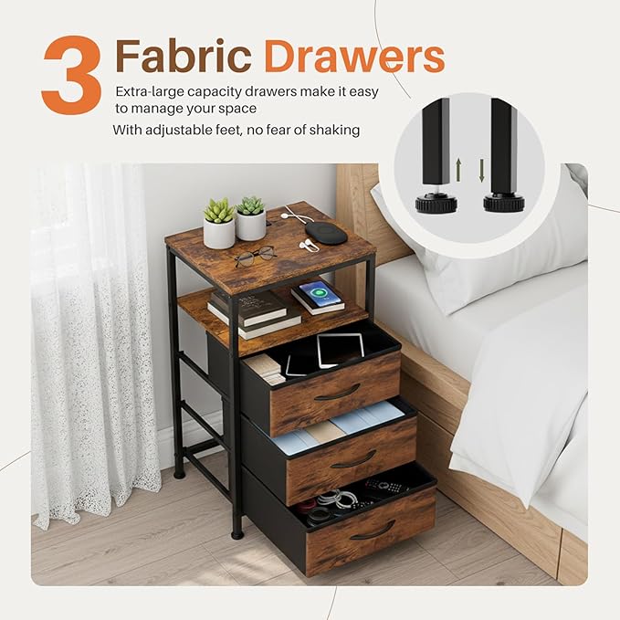 DUMOS Nightstand with Charging Station, Bedside End Table with 3 Fabric Drawers & USB/Type-C Ports and Outlets, Night Stand for Bedroom Furniture, Adjustable Feet and Variable Light Strip, Rust