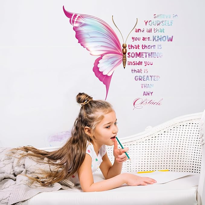 Large Inspirational Butterfly Wall Decals Stickers, Motivational Saying Positive Peel and Stick Wall Art Decals for Women Girls Bedroom Living Room Office(Pink)