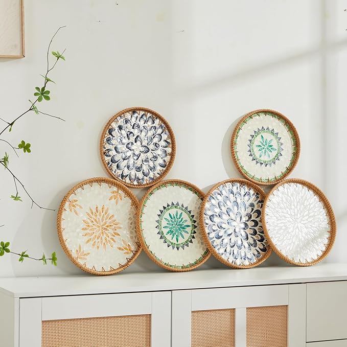 Shellac Rattan Tray with Mother of Pearl Inlay, Round Decorative Serving Tray for Home Décor Coffee Table Storage and Display, 100% Natural Materials- Ottoman Tray - Mix Color 12"