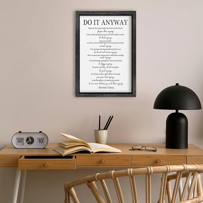 comurdyo Do It Anyway Wall Decor 16"x11" Mother Theresa Quotes Inspirational Sign Bible Verse Christian Motivational Modern Bedroom Vintage Wood Framed Farmhouse Wall Hanging Art (Black)