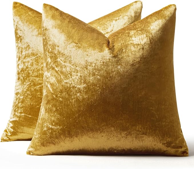 MIULEE Velvet Throw Pillow Covers 18x18 Inch, Pack of 2 - Golden, Super Soft Decorative Square Cushion Cases Modern Luxury Home Decor for Sofa, Couch, Bed, Chair