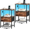 Somdot Nightstand Set of 2 with Charging Station and LED Light for Bedroom, Bedside Table End Table for Dorm Guest Room Bedside Kids Laundry Closet Entryway Hallway, Wood Grain Print
