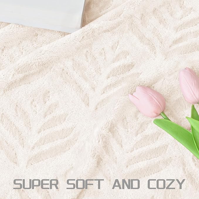 Exclusivo Mezcla Fleece Throw Blanket for Couch, Super Soft and Cozy Blankets All Season Use, Leaves Pattern, Plush Fuzzy Lightweight, Ivory, 50x60 Inch