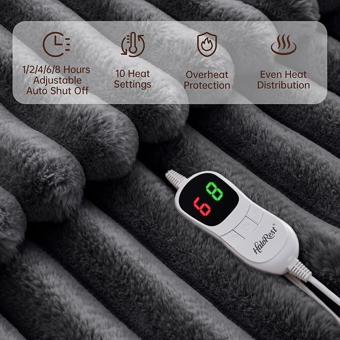 Heated Blanket Full Size, Faux Fur Cozy Heating Blanket with Overheat Protection, 1/2/4/6/8 Hours Auto-Off 10 Heat Level, Machine Washable (72x84 Inches, Darkgrey)