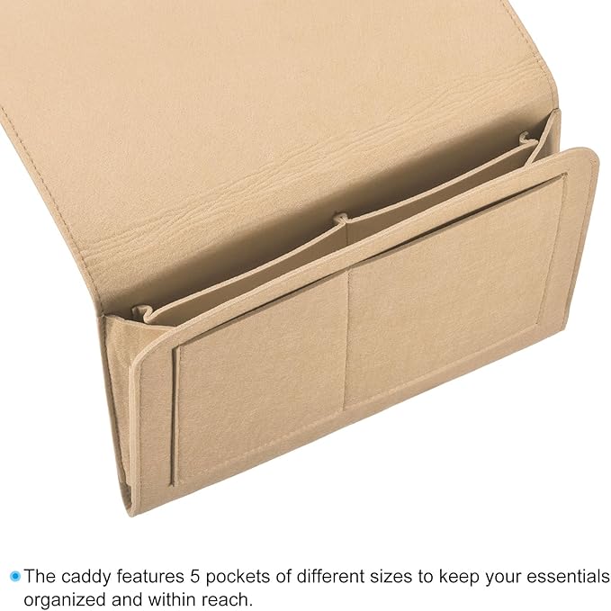 PATIKIL 13in Bedside Caddy, Bed Caddy Bedside Organizer Hanging Soft Felt 5 Pockets Bed Pockets Bedside Storage Organizer Remote Control Holder for Bedroom Phones Glasses, Beige