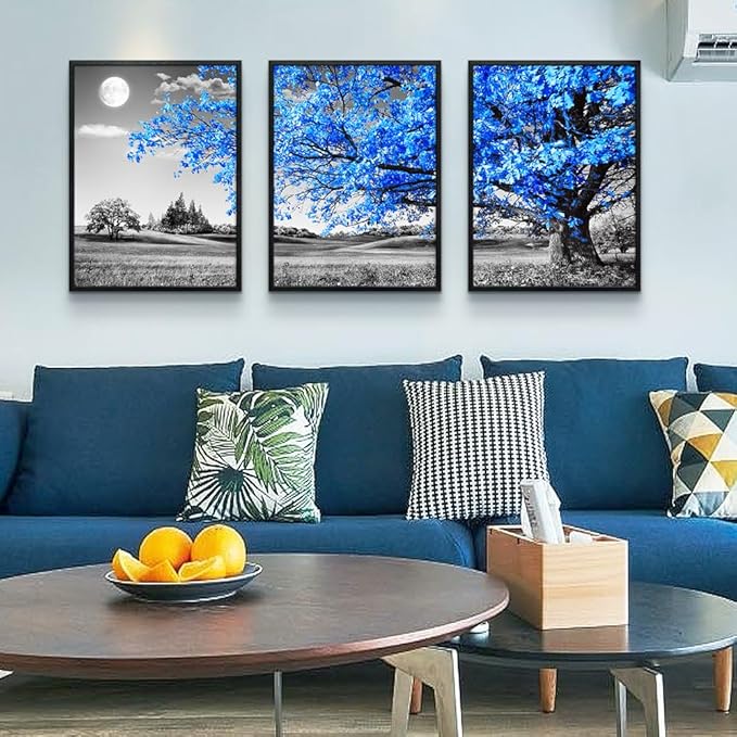 Black Framed Wall Art For Living Room Wall Decoration For Bedroom Black And White Wall Pictures Large Size Wall Decor Blue Tree Wall Painting Modern Home Decor 20"X28" Set Of 3 Piece Framed Art Prints