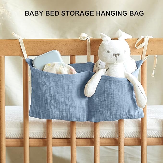 Diaper Caddy, Pure Cotton Cloth Baby Bedside Hanging Storage Bag Diaper Stacker Crib Organizer Hanging For Crib 2 Pockets Adjustable Strap Organizer for Baby Cribs and Toys (Dark Blue)
