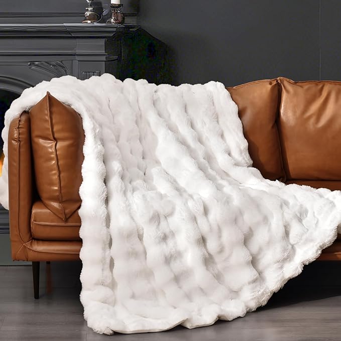 PHF Luxury Faux Rabbit Fur Throw Blanket, Ultra Soft Fluffy Plush Cozy Warm Bubble Blanket for Bed, Couch, Chair, Sofa Decorative, Thick Reversible Throw Suitable for Fall & Winter, 50" x 60", White