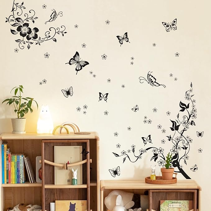 Supzone Flowers Vine Wall Decals - Black Flowers Stickers, Butterfly Decor, Removable Vinyl Art for Bedroom, Living Room, Office, Sofa Backdrop, TV, Home Decoration