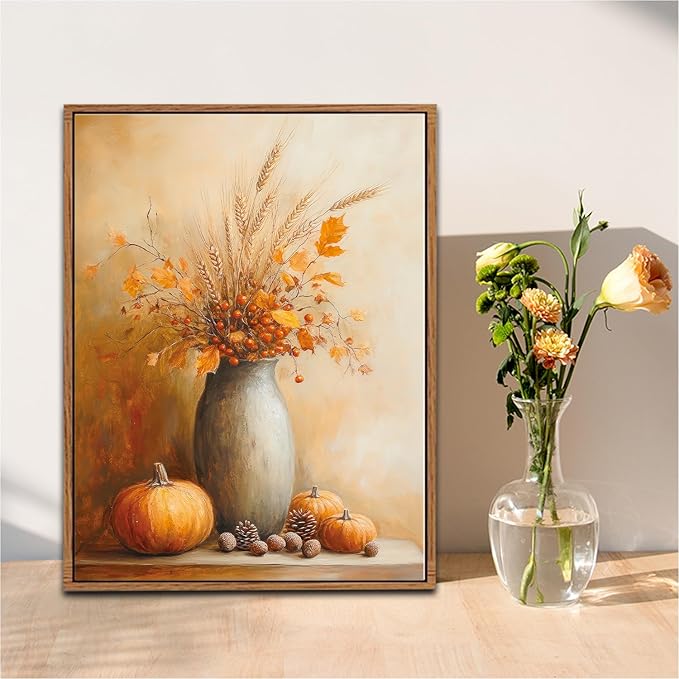 CHDITB Fall Pumpkin Framed Wall Art, Autumn Harvest Wall Decor, Nature Maple Leaves Seasonal Wall Painting, Halloween Thanksgiving Festival Party Art Prints For Living Room Kitchen Decor 12”X16”x3