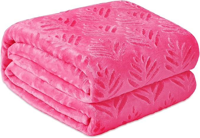 Exclusivo Mezcla Twin Size Fleece Blanket for Bed, Super Soft and Cozy Blankets All Season Use, Leaves Pattern, Plush Fuzzy Lightweight, Hot Pink, 60x80 Inch