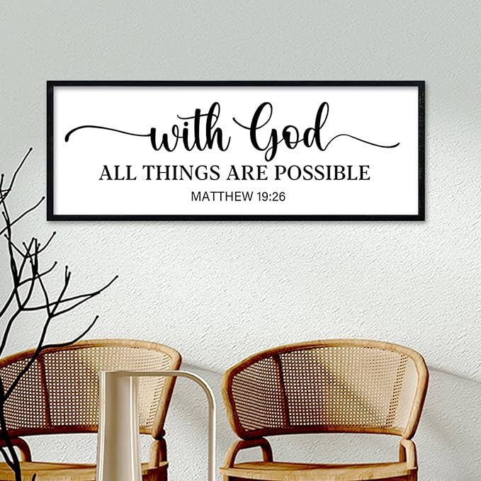 comurdyo With God All Things are Possible Wall Decor 40"X15" Matthew 19:26 Sign Bible Verse Large Wooden Framed Christian Scripture Prayer Wall Hanging Art (Black)