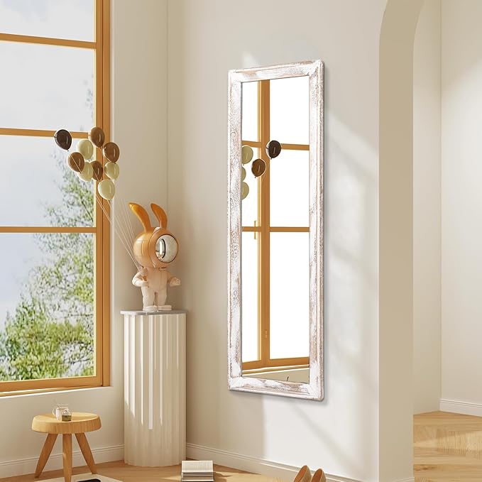 AAZZKANG Wall Mirror Full Length with Wood Frame 43"x14" Rustic Large Full Body Mirrors Decorative for Bedroom Living Room Bathroom Entryway Hanging Rectangular White