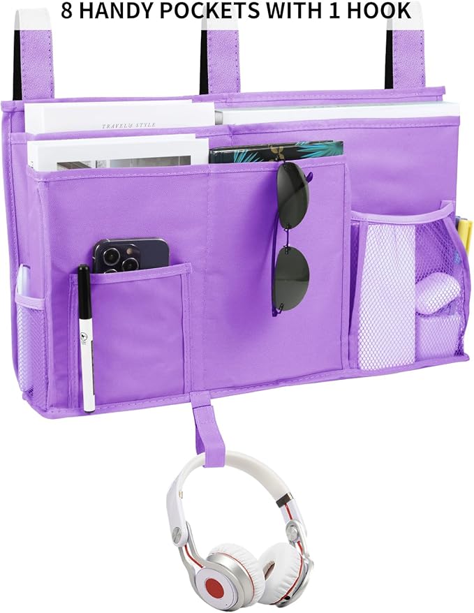 Joyfulife Bedside Caddy Bunk Bed Organizer Bedside Storage Organizer Hanging Bed Organizer Storage Bag Pocket for Bunk and Hospital Beds, College Dorm Rooms Baby Bed Rails Camp 8 Pockets (Purple)