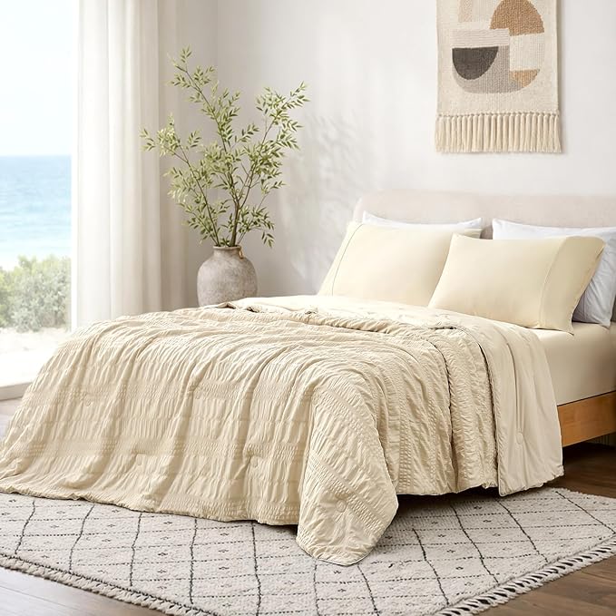 Cozy Bliss Striped Seersucker Cooling Comforter King Size, Lightweight Airflow Silky Cooling Bedding with Q-Max>0.45 for Bedroom, Home Decor, Hot Sleepers & Night Sweats, Khaki 106"×90"