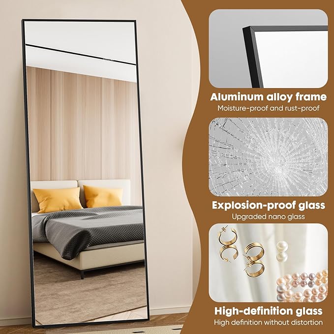 NEWBULIG Full Length Mirror 71.1"x25" for Bedroom, Full Body Mirror with Stand, Hanging or Leaning for Wall, Aluminum Alloy Thin Frame Floor Standing for Living Room, Long, Deep Black