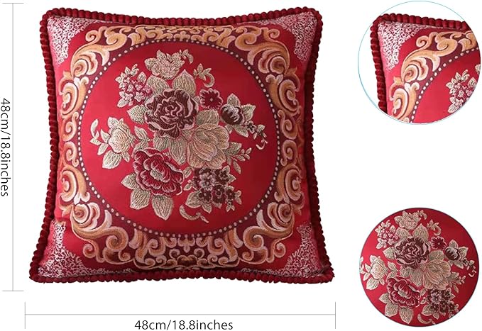 SZHELEJIAM Throw Pillow Covers 18x18 Set of 2, Jacquard Retro Embroidered Cushion Covers for Sofa Living Room, Red Decorative Pillow Cases Red