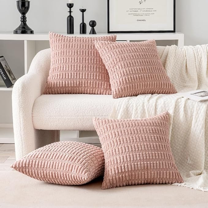 MIULEE Pack of 4 Pink Valentines Corduroy Decorative Spring Throw Pillow Covers 18x18 Inch Soft Boho Striped Pillow Covers Modern Farmhouse Home Decor for Sofa Living Room Couch Bed