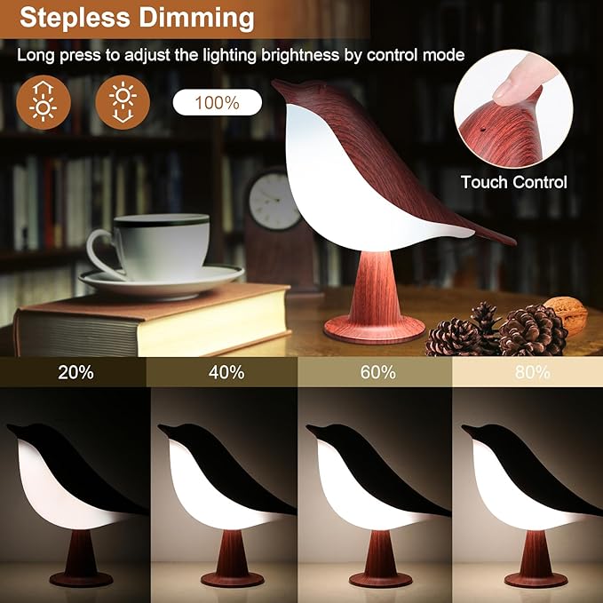 VoMii Bird Desk Lamp Set of 2, Small Table Lamp Cordless Touch Dimmable Night Light with 3 Color Temperature, Cute Lamps Rechargeable, for Bedroom Bedside Nightstand, Room Decor, Bird Gifts