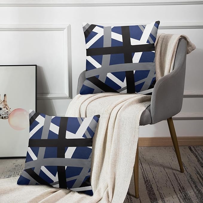 Emvency Set of 2 Throw Pillow Cover Blue Black Stripes Grey White Design Retro Decorative Pillow Case Striped Home Decor Square 20x20 Inch Cushion Pillowcase