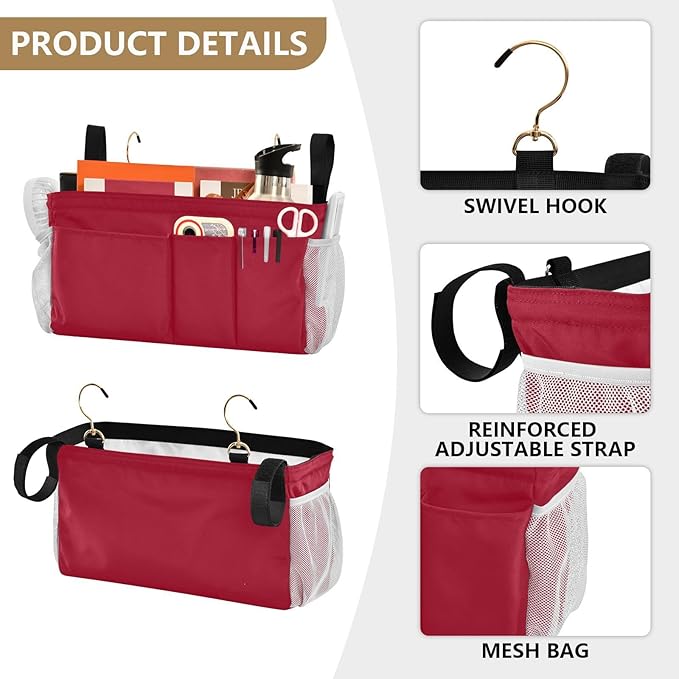 YETTASBIN Red Bedside Caddy Hanging Storage Organizer Bag with 2 Straps & Hooks for Bunk Beds, College Dorm, Hospital Bed - Holder for Books, Phone, Magazine, Glasses, Keys