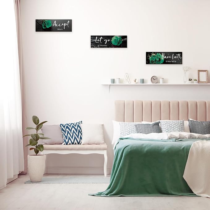 3 Pcs Green Wall Decor Inspirational Bathroom Decor Wooden Rose Wall Art Office Decoration With Accept Let Go Have Faith Quotes For Girl Women Bedroom Kitchen(Green 12 X 4 Inch)