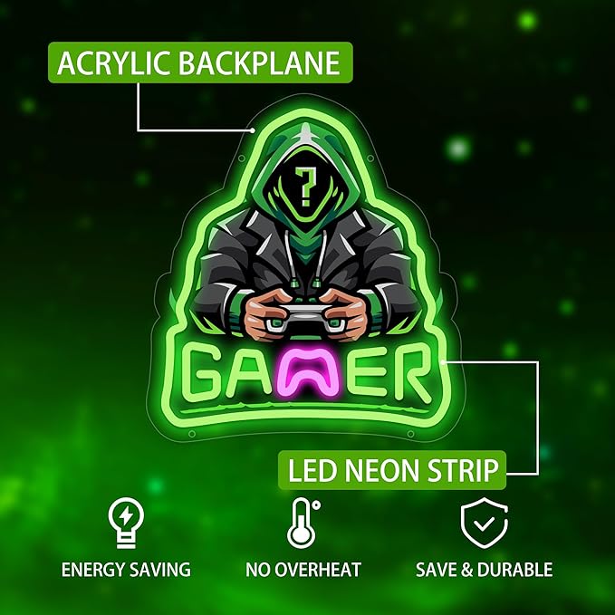 Gamer Neon Sign, Game Player Neon Sign for Gamer Room Decor, Adjust Brightness Gaming Lights for Wall, Gaming Decor for Boys Bedroom and Video Game Room