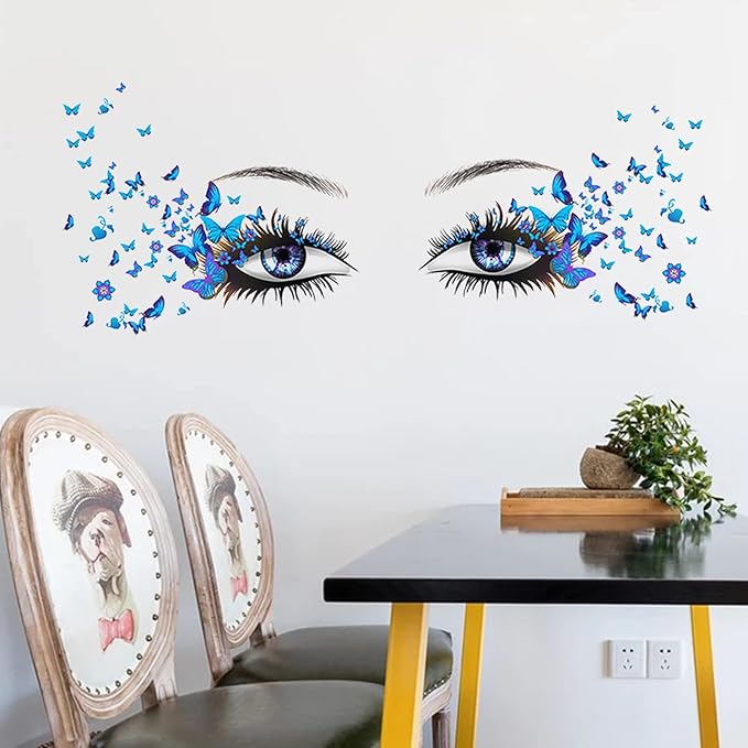 Blue Eyelash Eyes Wall Stickers - 4 Sheets, Premium Matte Vinyl, Butterfly Decals, Waterproof, for Women Girls Bedroom Living Room Decoration