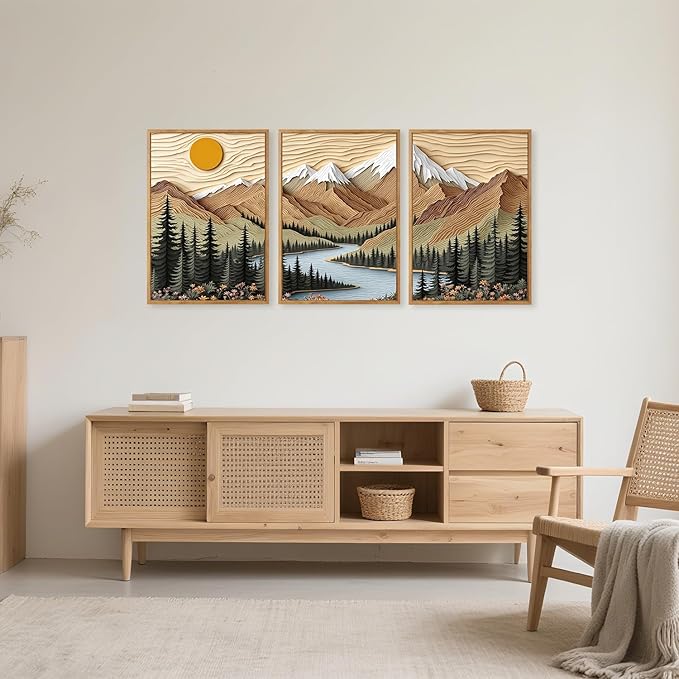 CHDITB Mountain Forest Framed Canvas Wall Art Set Of 3, Rustic Nature Wall Decor, Scenic Lake Sunrise Landscape Painting, Boho Woodland Art Prints For Living Room Bedroom Office Decoration 12”X16”