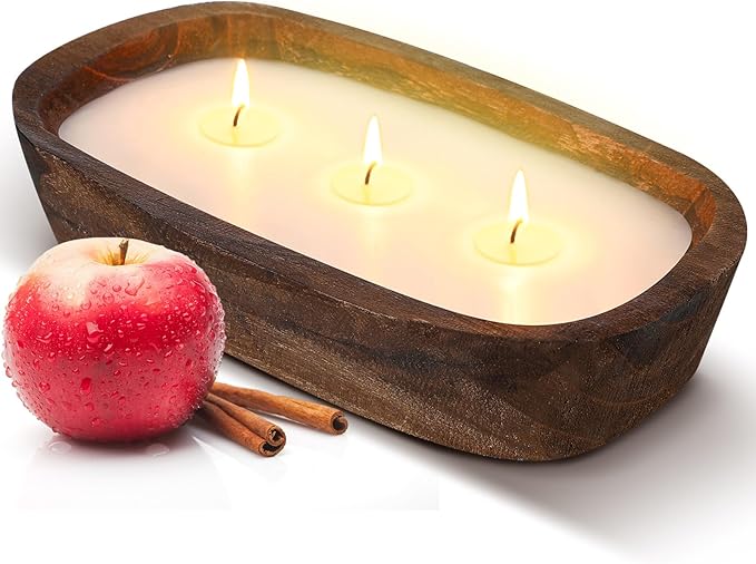 Threlaco 1 Pack 10 Inch Wood Dough Bowl Candles Home Rustic Dough Bowl Soy Candle 3 Wick Scented Candles Gifts for Men Women Farmhouse Table Centerpiece Home Decor for Christmas(Apple Cinnamon)