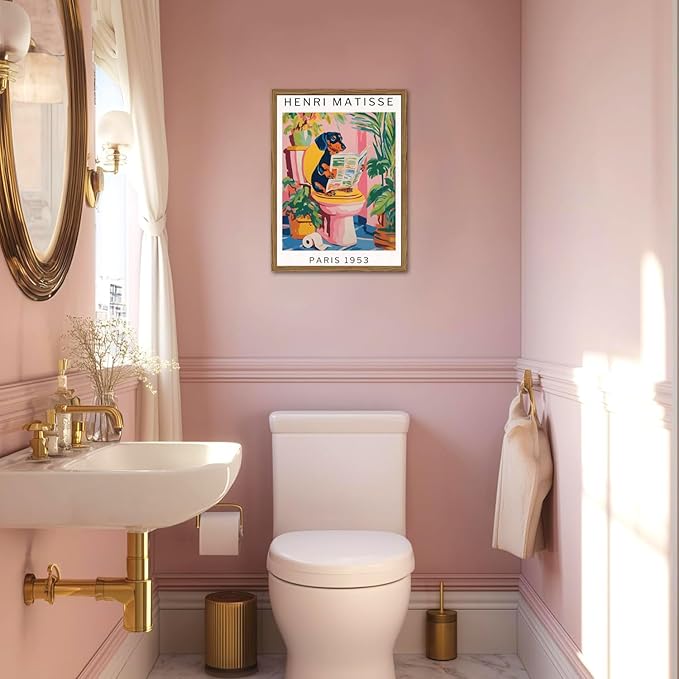 Funny Dog Bathroom Wall Art Henri Matisse Dachshund Bathroom Wall Decor Picture Whimsical Puppy Reading Newspaper in Toilet Poster Painting Canvas Print 16x24 inch Wood Framed
