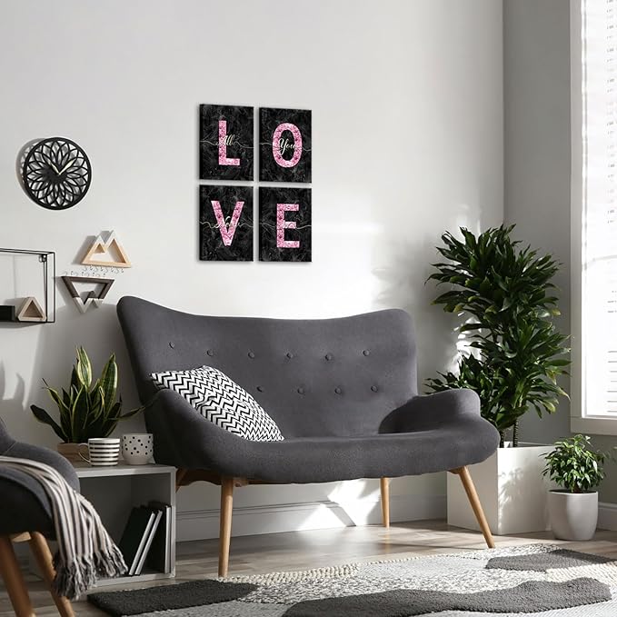 sechars Glam Pink Canvas Wall Art All You Need is Love Sign Decor Fashion Glitter Marble Love Quotes for Girl Women Bedroom Bathroom Valentine's Day Gifts (Black)