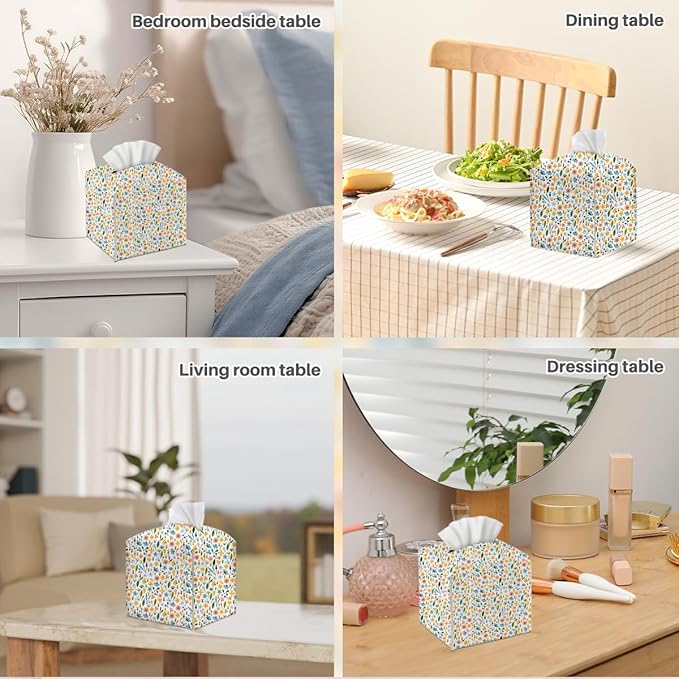 Tissue Box Cover, Tissue Box Holder, Square with Belt Bottom, PU Leather Decorative Organizer for Desk, Tabletop, Countertop Bathroom, Toilet Car, Office, Bedside Kitchen, Aesthetic Flower Decor