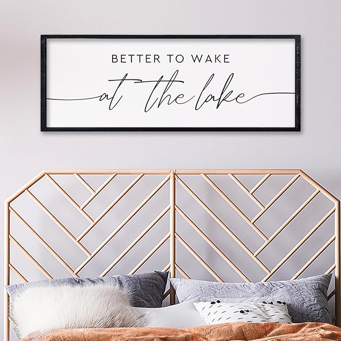 comurdyo Better To Wake At The Lake Above Bed Wall Art Decor 32"×12" for Lake House Bedroom Over Bed Sign Wood Framed Large Wall Hanging (Black)