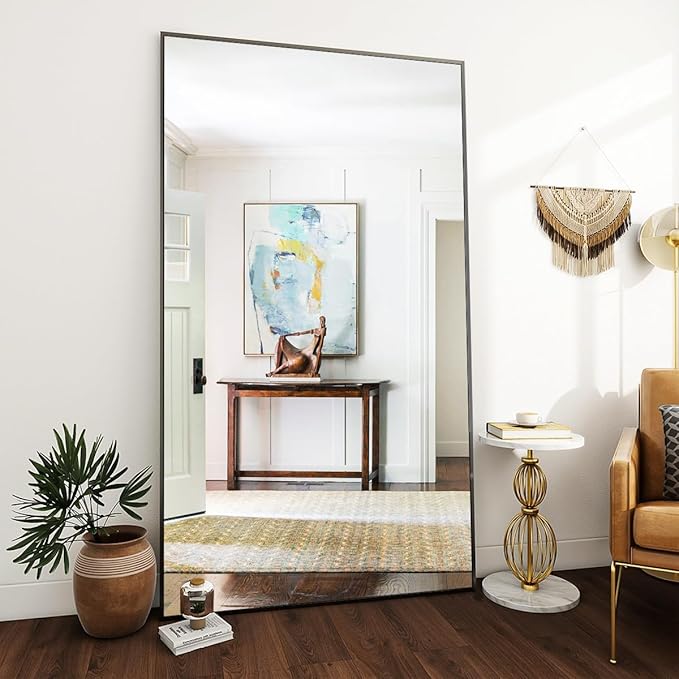 VooBang Large Full Length Mirror 78" x 35" - Shatterproof Floor Full Body Mirror with Aluminum Alloy Frame, Freestanding, Hanging, or Wall-Leaning, for Bedroom, Living Room, Dressing Room, Black