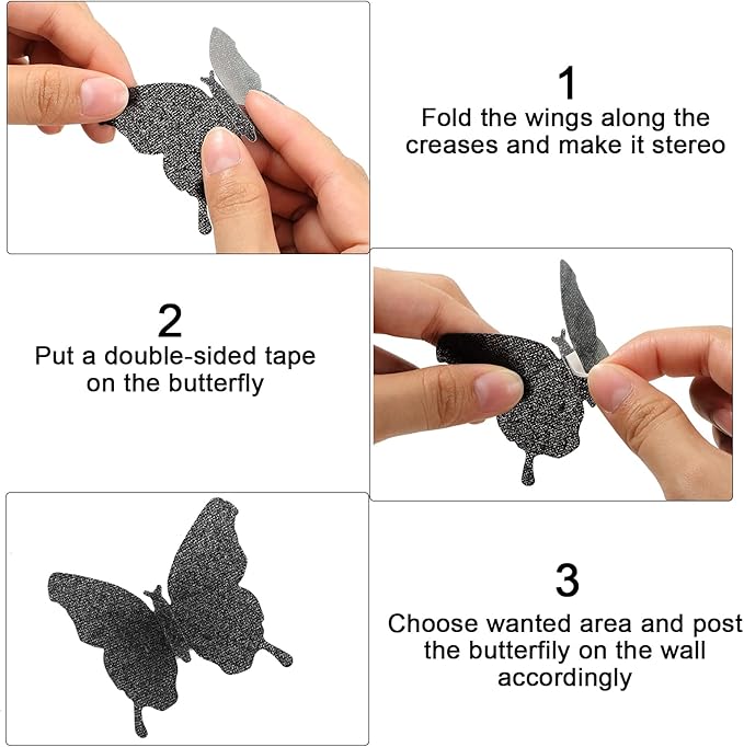 BBTO 48 Pieces Butterfly Wall Decor DIY 3D Mirror Butterfly Stickers Removable Decals Crafts for Birthday Party Bedroom School Bathroom Living Room Decor(Glitter Black)
