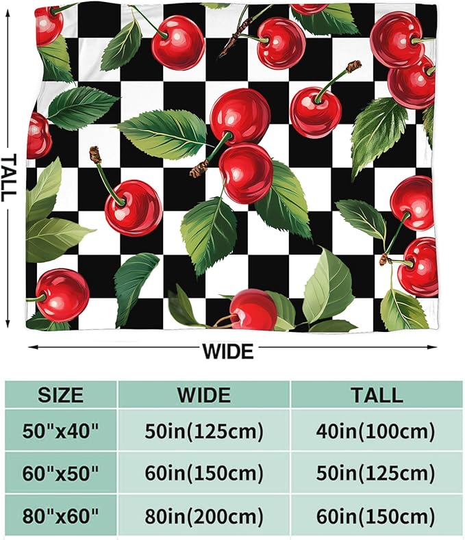 Cherry Blanket for Girls Women Adults Kids Soft Cozy Fleece Fruit Buffalo Plaid Preppy Gifts Throw Blankets Warm Flannel Plush Lightweight Decor for Couch Bed Sofa 60"X50"