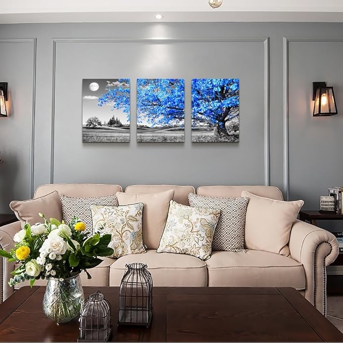 Wall Art For Living Room black and white Blue tree moon Canvas Wall Decor for Home artwork huge Painting 16" x 24" 3 Pieces Canvas Print For bedroom Decor Modern Salon kitchen office Hang a picture