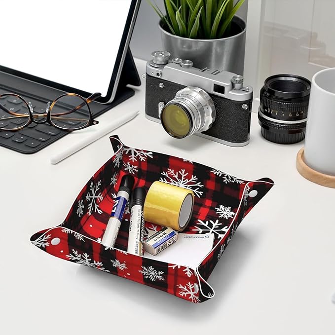 Tray Leather Valet Tray Snowflake Buffalo Plaid Catchall Trays Key Organizer Night Stand Organizer Bedside Vanity Trays Decor for Entryway Table