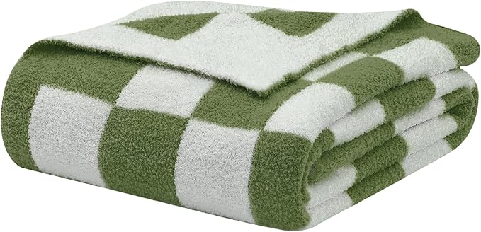bearberry Fuzzy Checkerboard Grid Throw Blanket Soft Cozy Warm Microfiber All Season Blanket Decor for Couch Sofa Bed Travel Home (Avocado Green, 50''x60'')