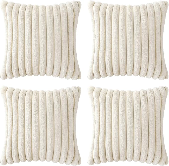 MIULEE Faux Fur Plush Decorative Throw Pillow Covers 18x18 Set of 4, Spring Modern Soft Fuzzy Striped Cushion Covers for Sofa Couch Bed Living Room Cozy Home Decor,Cream White