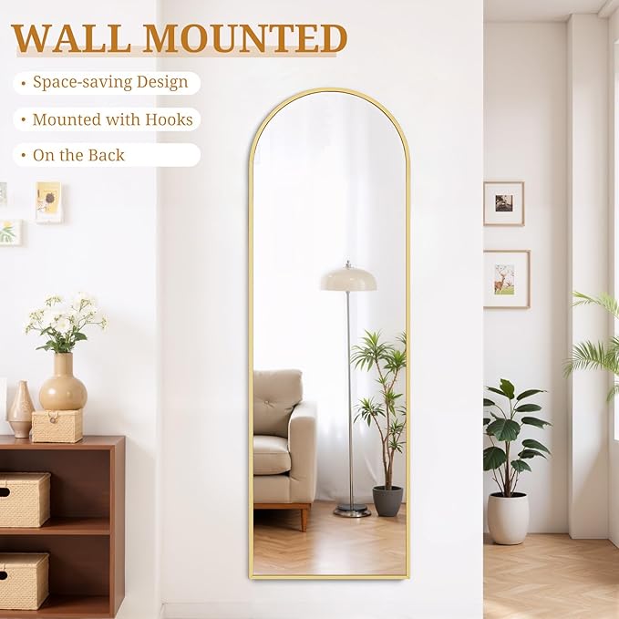 Full Length Mirror 56"x15" Full Body Mirror Arched Free Standing Wall Mounted Leaning Floor Mirrors with Stand Aluminum Alloy Frame for Bedroom Cloakroom, Gold