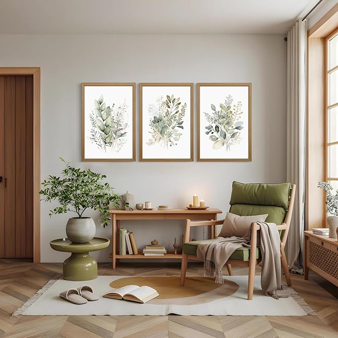 Joocrise Wooden Frame Watercolor Botanical Wall Art Boho Floral Canvas Wall Decor Prints Sage Green Wildflower Wall Art Modern Flower Pictures Botanical Painting for Bedroom Bathroom 12x16x3 Inch