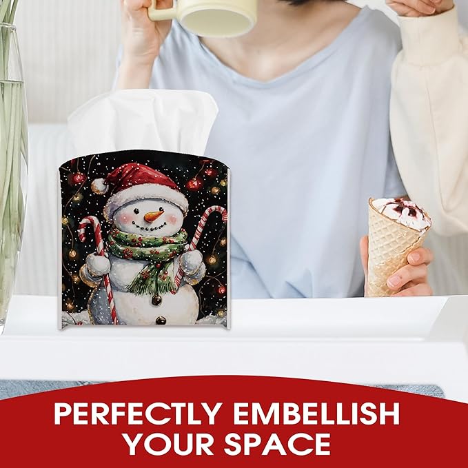 Christmas Snowman Tissue Box Cover Leather, Black Christmas Tissue Box Cover, Xmas Housewarming Gift Ideas for Family Friends, Bathroom Kitchen Car Office Home Table Decor(5.2 Inches)-B02