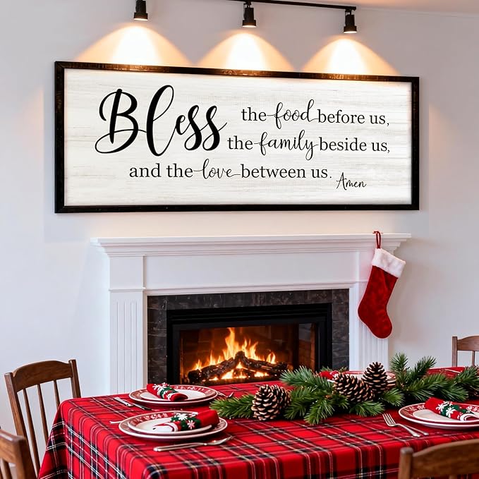 Bless the Food Before Us, the Family Beside Us, and the Love between us Framed Wall Art for Dining Room, 40''×15'' Holy Positive Religious Rustic Bible Verse for Christian God Jesus Christ Prayer