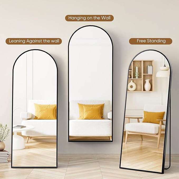 NEWBULIG Arched Full Length Mirror 71.1"x25" for Bedroom, Full Body Mirror with Stand, Hanging or Leaning for Wall, Aluminum Alloy Thin Frame Floor Standing for Living Room, Long, Deep Black