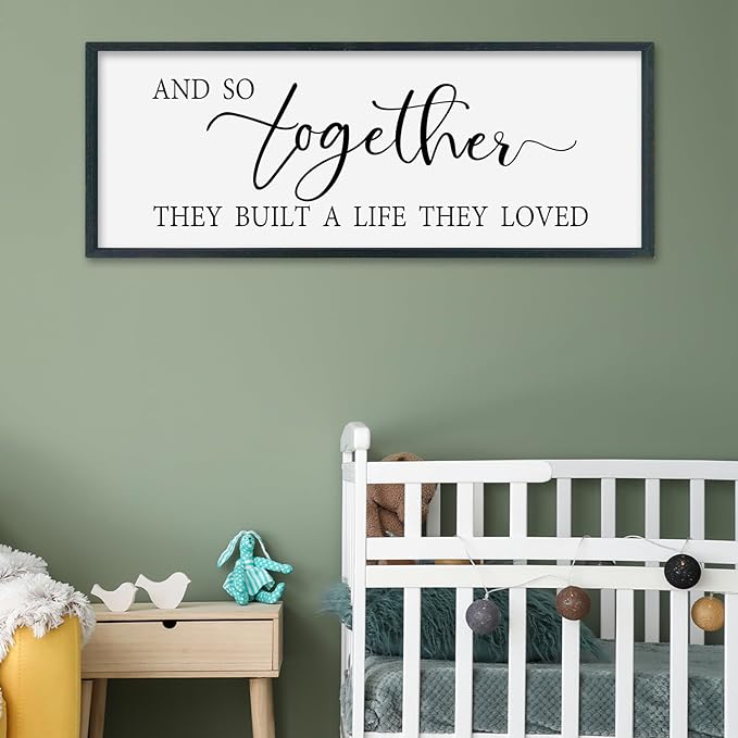 SRSZHIYUE And So Together They Built A Life They Loved Family Quotes Wall Decor 40"×15" Modern Minimalist Wedding Rustic Above Bed Bedroom Sign Large Wood Framed Wall Hanging (Black)