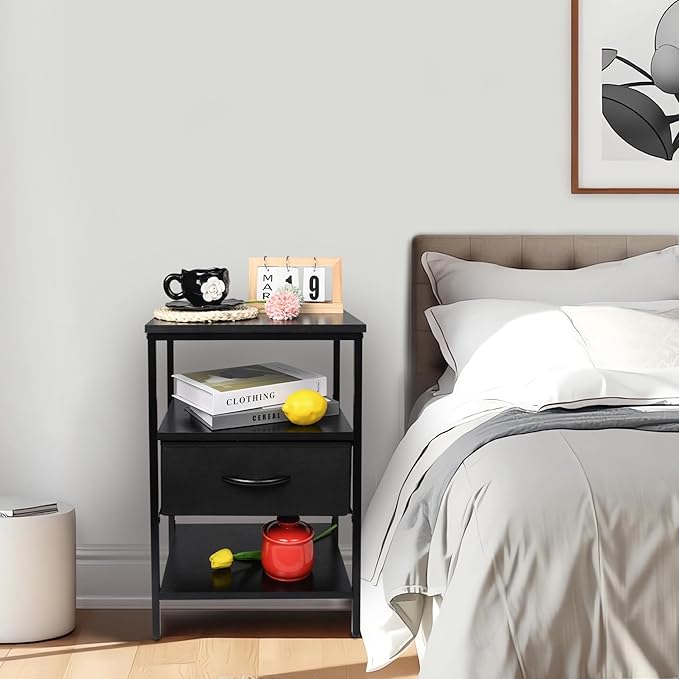 Black Nightstand with Fabric Drawer and Wood Shelf, Waterproof Surface Bedside Table, Eco-Friendly Small Side Table for Bedroom